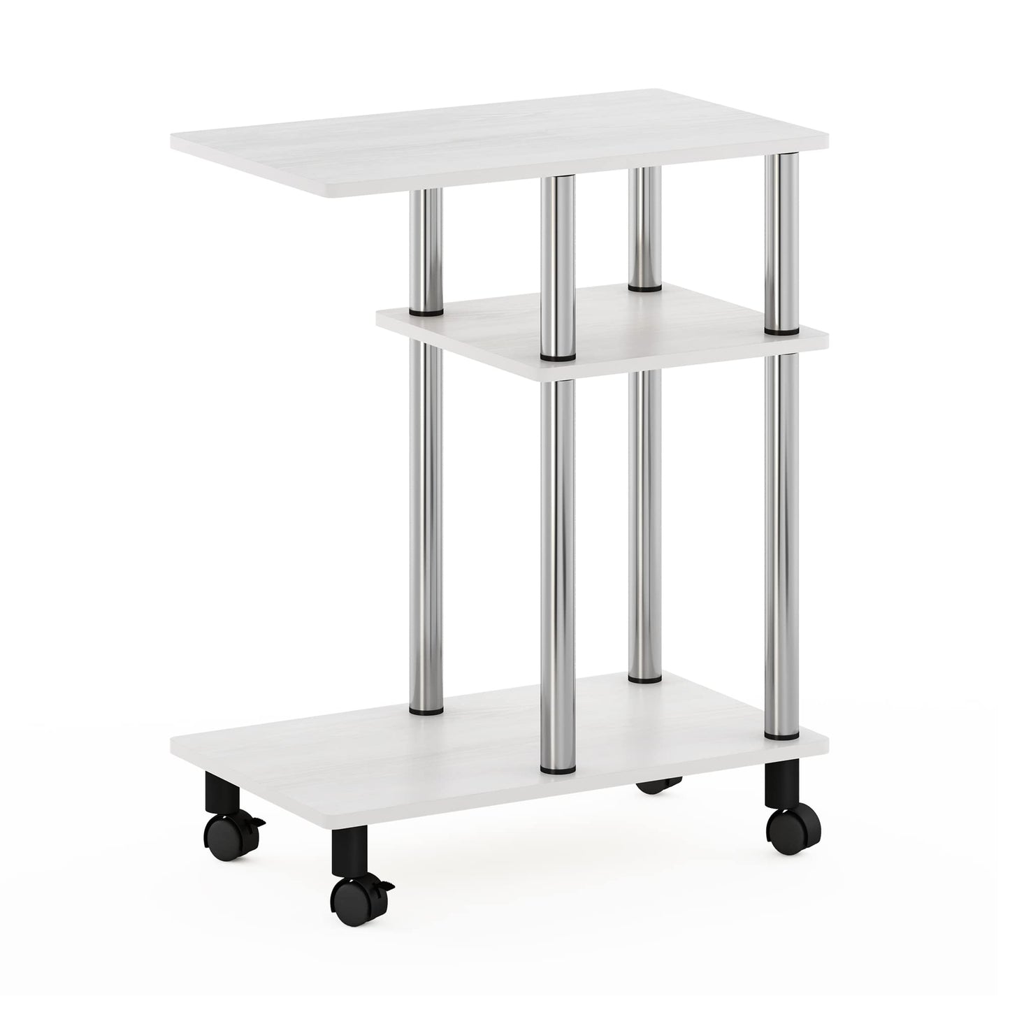 Furinno TURN-N-TUBE Side Table, 3-Tier C-Shape End Table with Wheels, Toolless Assembly Night Stand, Bedside Table with Open Shelf, for Living Room