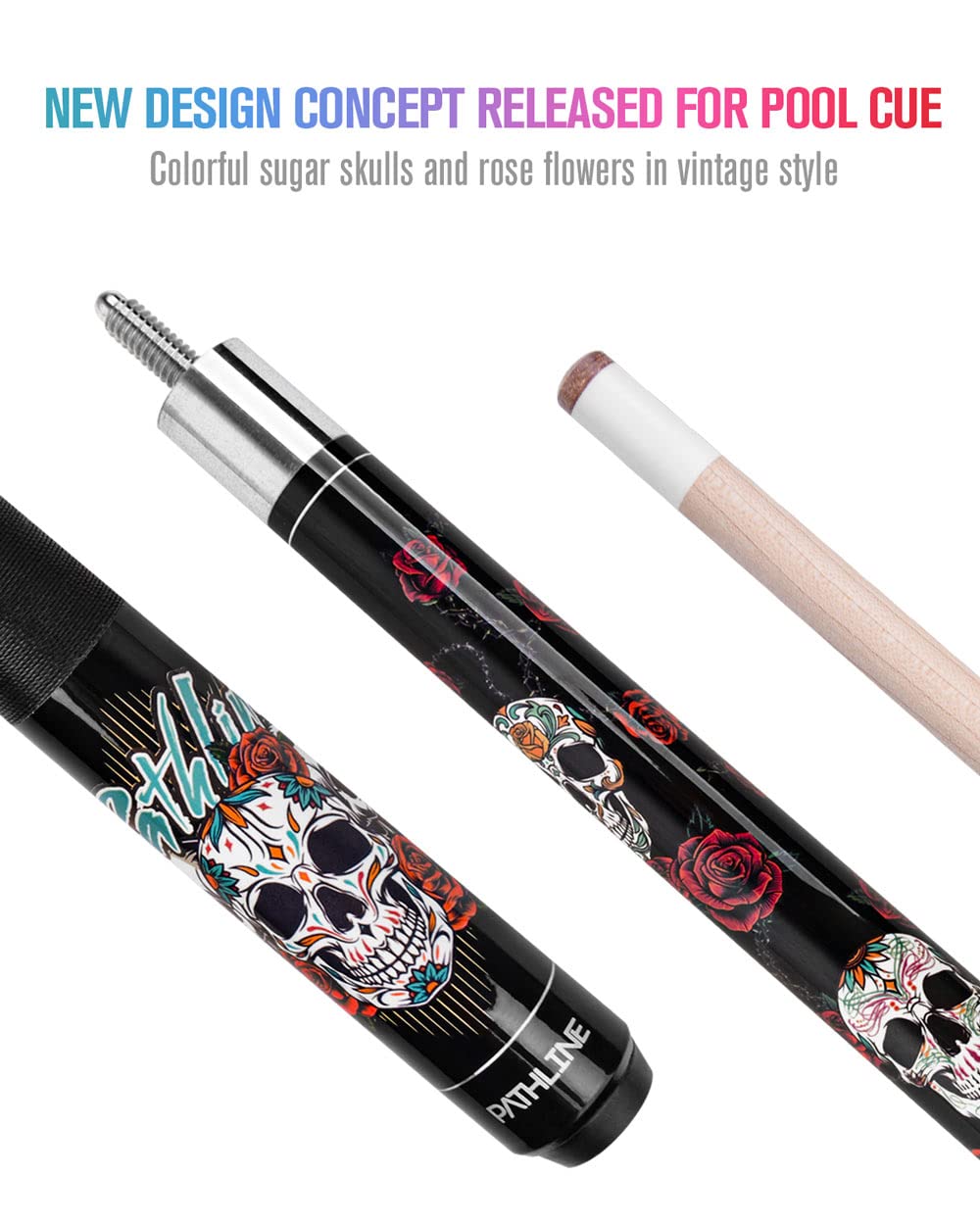 Pathline PL518 Pool Cue Stick - 58" Canadian Maple 13mm Tip Billiard Pool Stick(Black/Skull - 18oz)