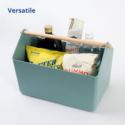 BLUE GINKGO Large Storage Basket – Plastic Caddy with Wooden Handle for Bathroom, Pantry, or Cleaning Supplies Green