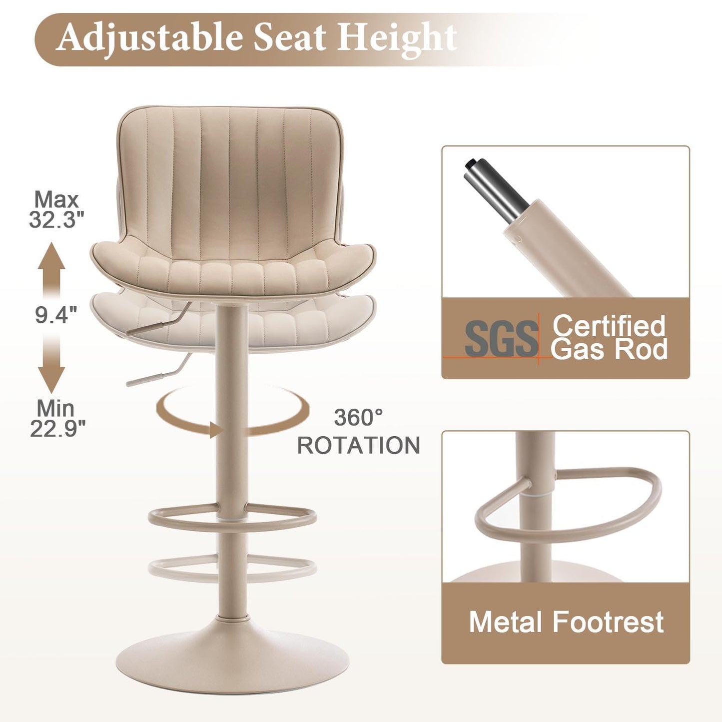 Kidol&Shellder Bar Stools Set of 2 Modern Breakfast Bar Stools, ALL Khaki