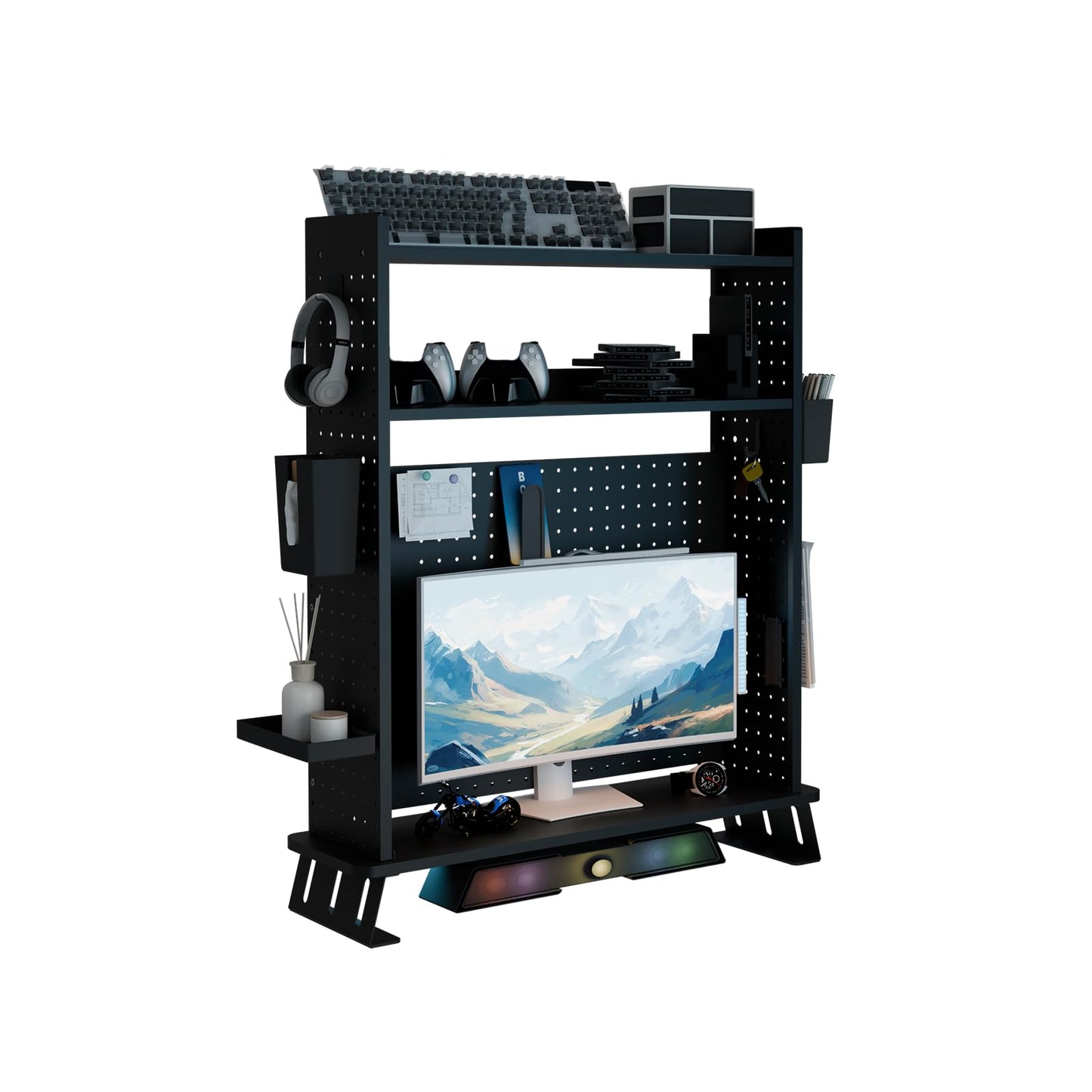 Boltmol 2-Tier Desk Shelf With Monitor Riser,Black 80CM, Desktop Organizer With Pegboard, Countertop Storage Bookcase For Home, Office Or Dorm