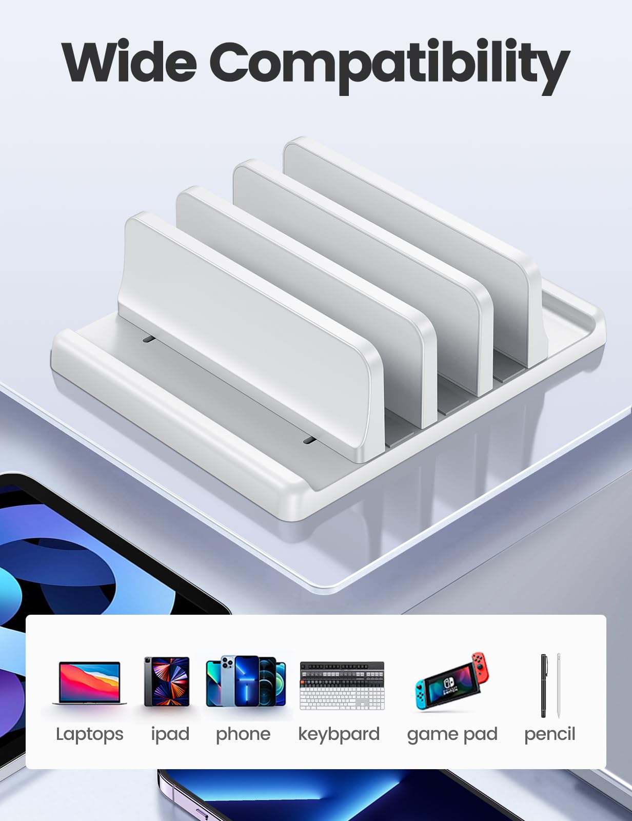 Vaydeer 3-Slot Vertical Laptop Stand Made of Premium ABS Plastics 5 in 1 Design Space-Saving Adjustable Desk Organizer for All