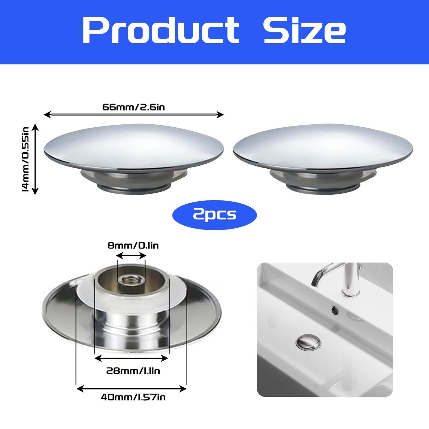 2 Pack Pop Up Sink Plug 66mm Silver Chrome Click Clack Basin Waste Durable