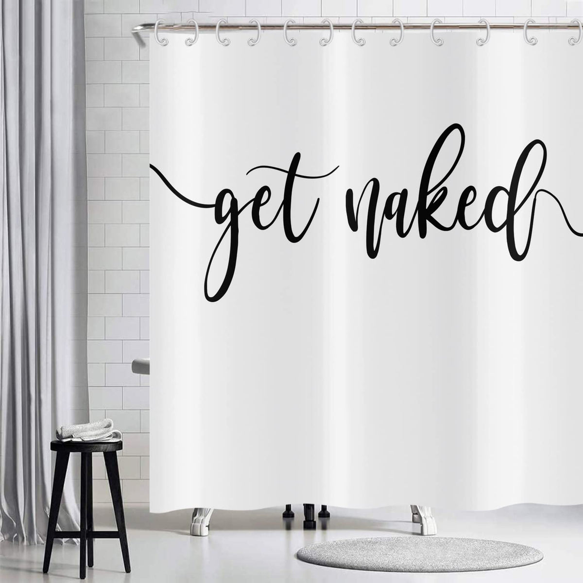 Hnmdmyi White Shower Curtain 180x180, Black Art Font Words Get Naked Shower Curtains Funny Quotes Beautiful and Cool Bathroom Curtains Waterproof