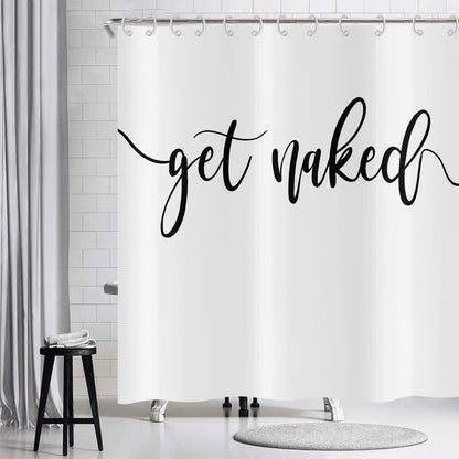 Hnmdmyi White Shower Curtain 180x180, Black Art Font Words Get Naked Shower Curtains Funny Quotes Beautiful and Cool Bathroom Curtains Waterproof
