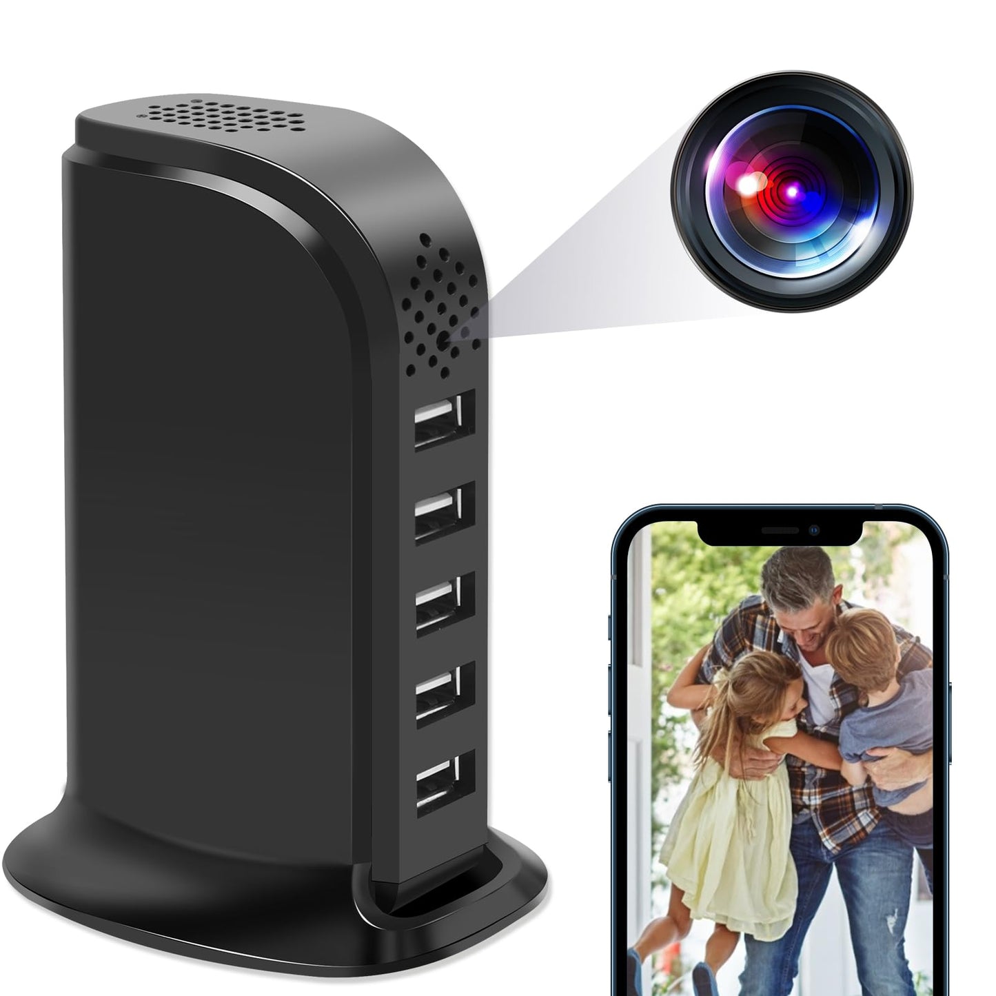 4U Spy Hidden Camera, WiFi USB Charger Camera 5-Port USB Hub 1080P Wireless Security Nanny Cam Mini Video Recorder with Motion Detection, Support