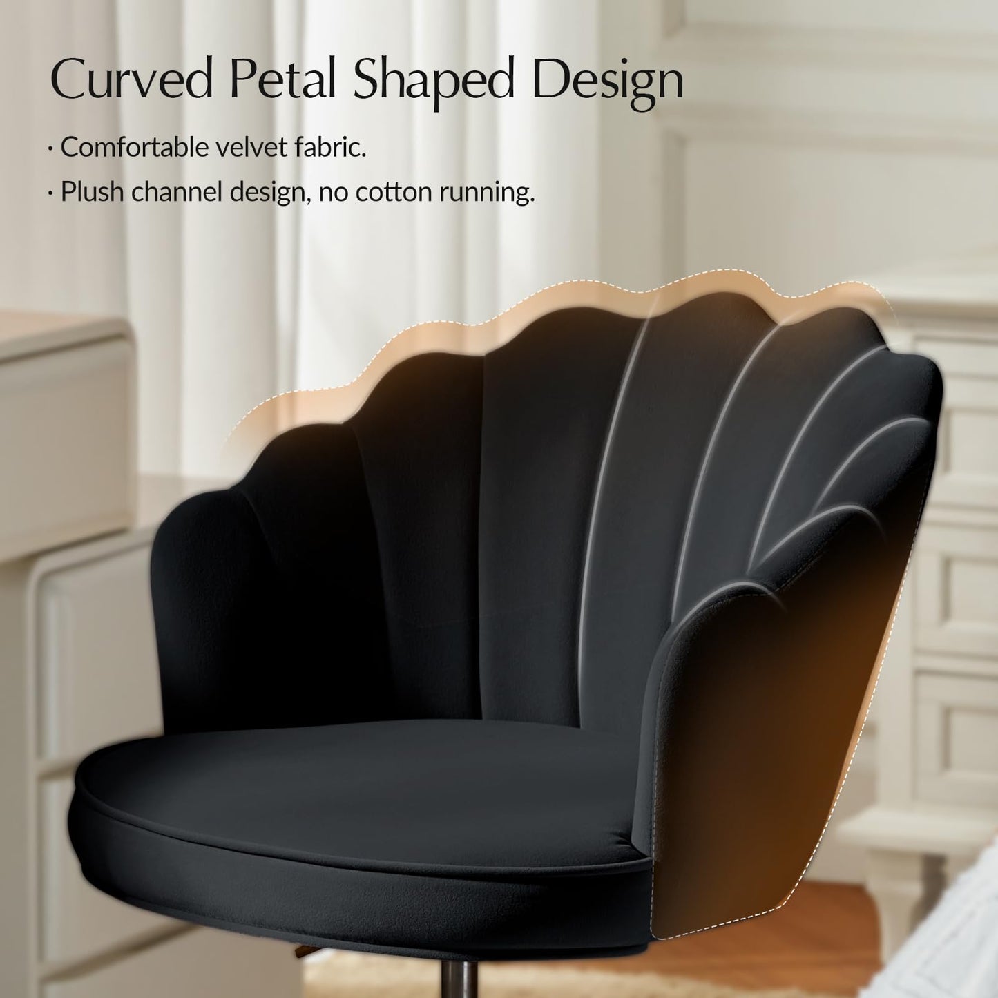 HULALA HOME Swivel Desk Chair with Gold Base and Scalloped Backrest, Black