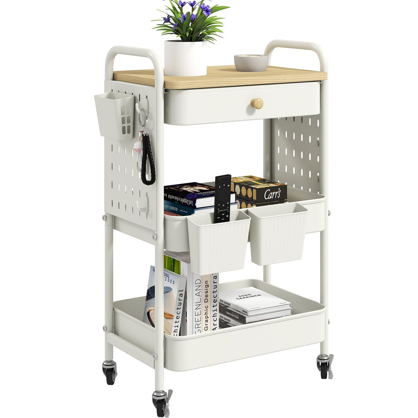 danpinera 3 Tier storage trolley, Metal storage cart with DIY Pegboard & Drawer, storage trolley on wheels with Hooks & Hanging Cups for Living Room