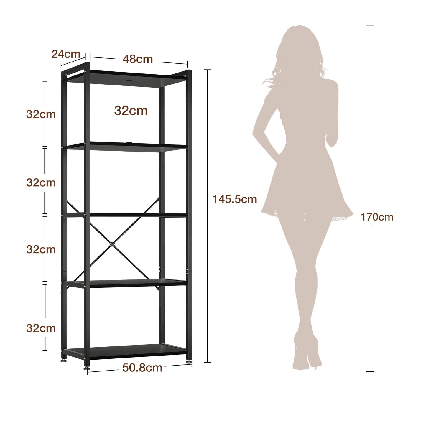 Coleshome 5-Tier Book Shelf Display Black Industrial Bookcase