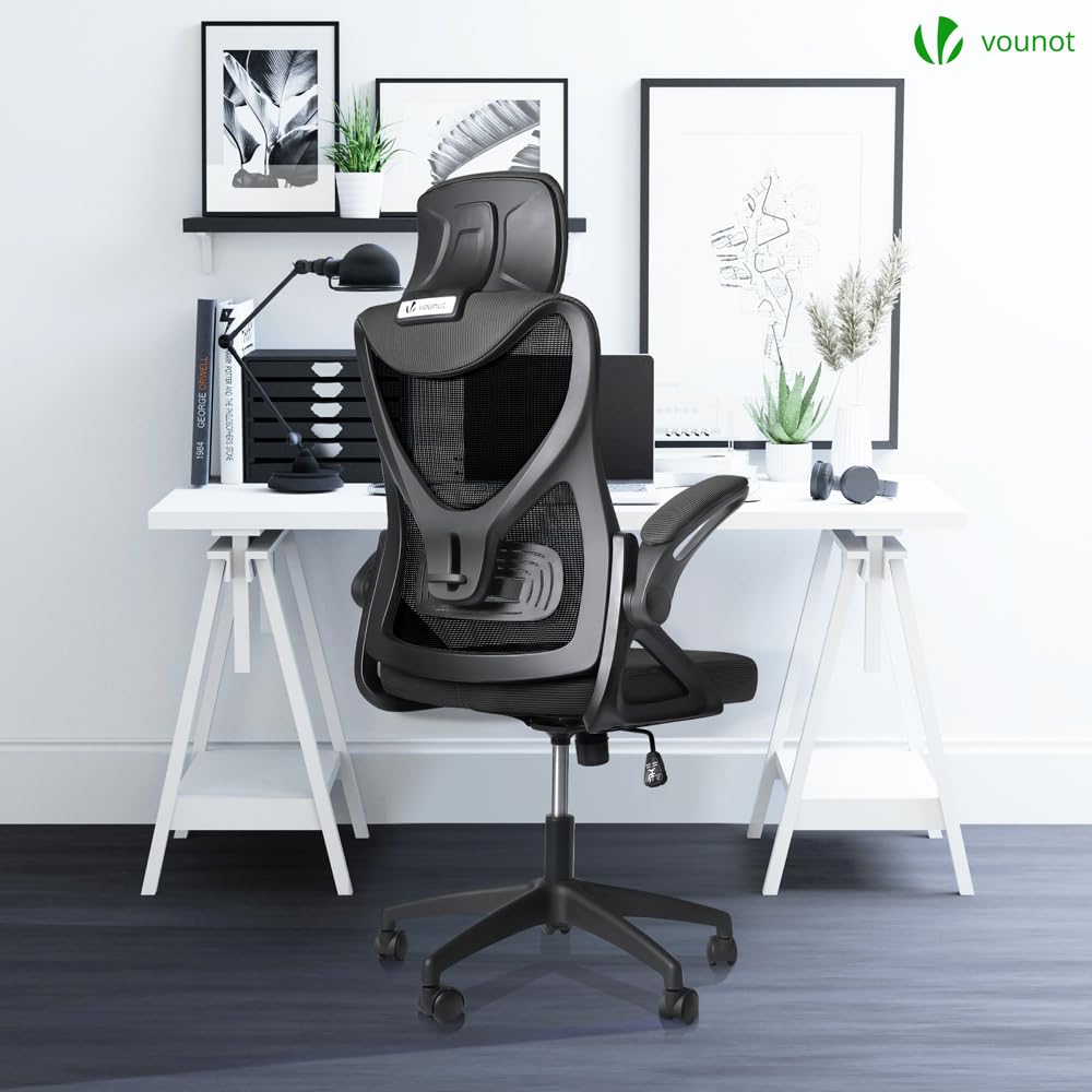 VOUNOT® Ergonomic Office Chair, High Back Mesh Desk Chair with Adjustable Lumbar Support & Headrest, Swivel Computer Chair for Home Office, Black