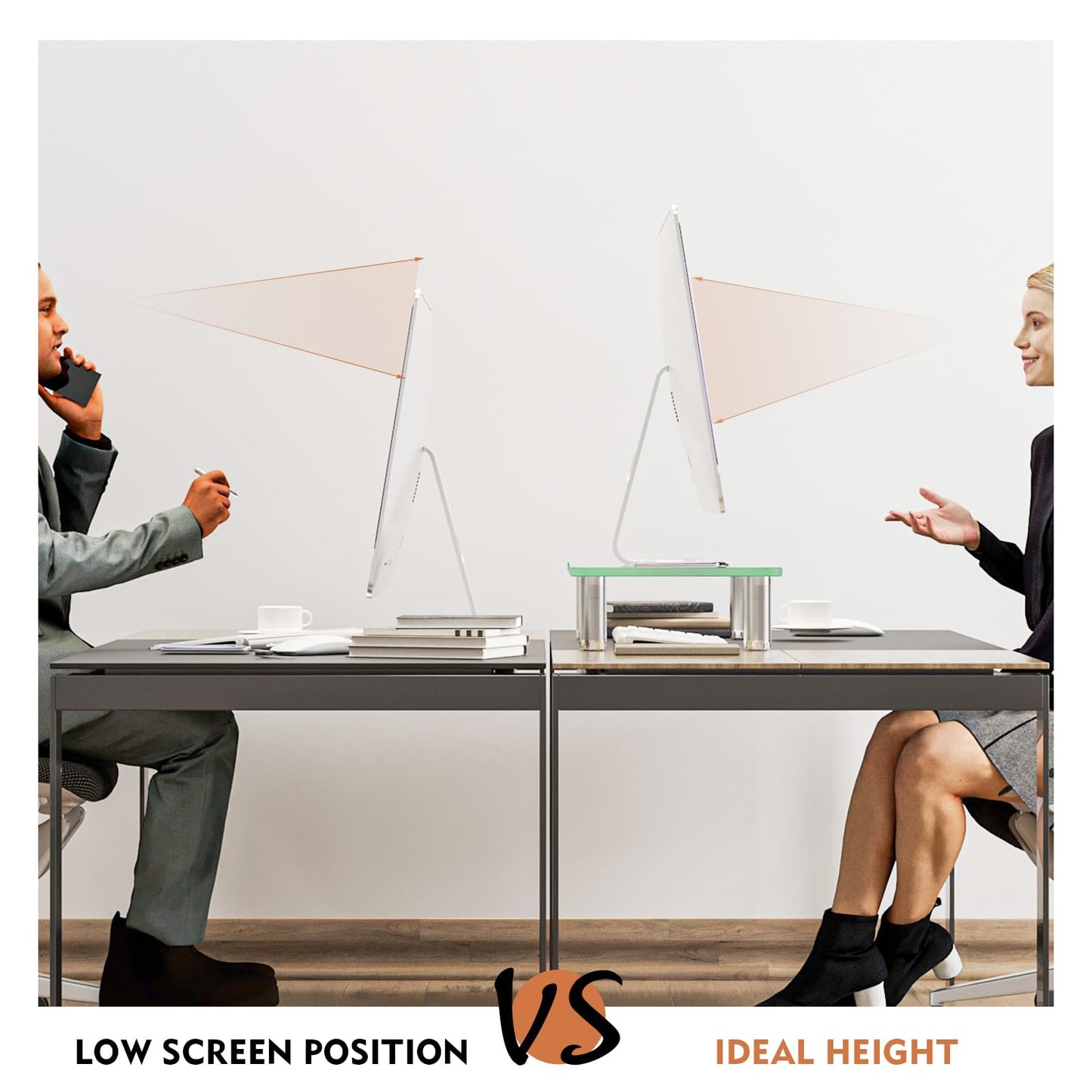 Hemudu Clear Tempered Glass Computer Monitor Riser with Height Adjustable Multi Media Desktop Stand for Flat Screen LCD LED TV