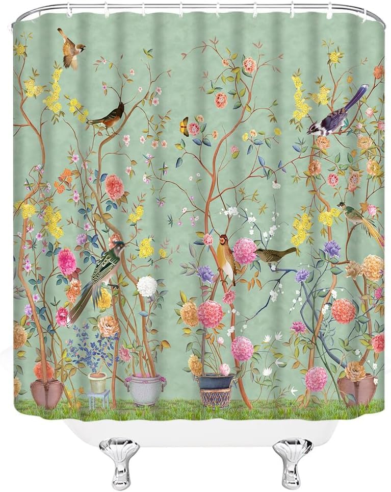 xinbai Flower Bird Shower Curtain, Washable 3D Printing Botanical Bath Curtains with Retro Flower Picture, Includes 12 Hooks,For Bathroom Decor 180 x