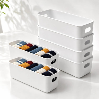 6 Pcs White Plastic Storage Baskets with Handles, 26.8×8.8×9.5cm White Rectangle Storage Boxes for Shelves and Drawersnarrow