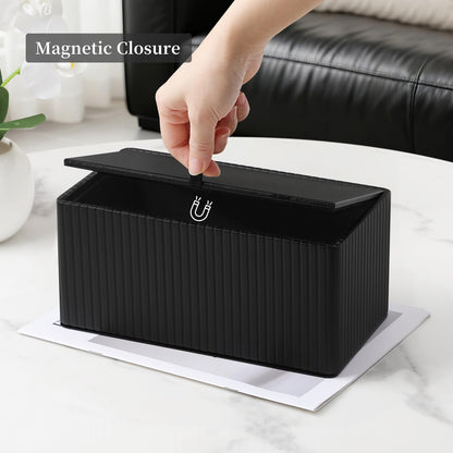MEIBOOCH Tissue Box Cover Stylish PU Leather Rectangular Tissue Box Holder with Magnetic Bottom Cover for Bathroom Bedroom or Office Black Stripe