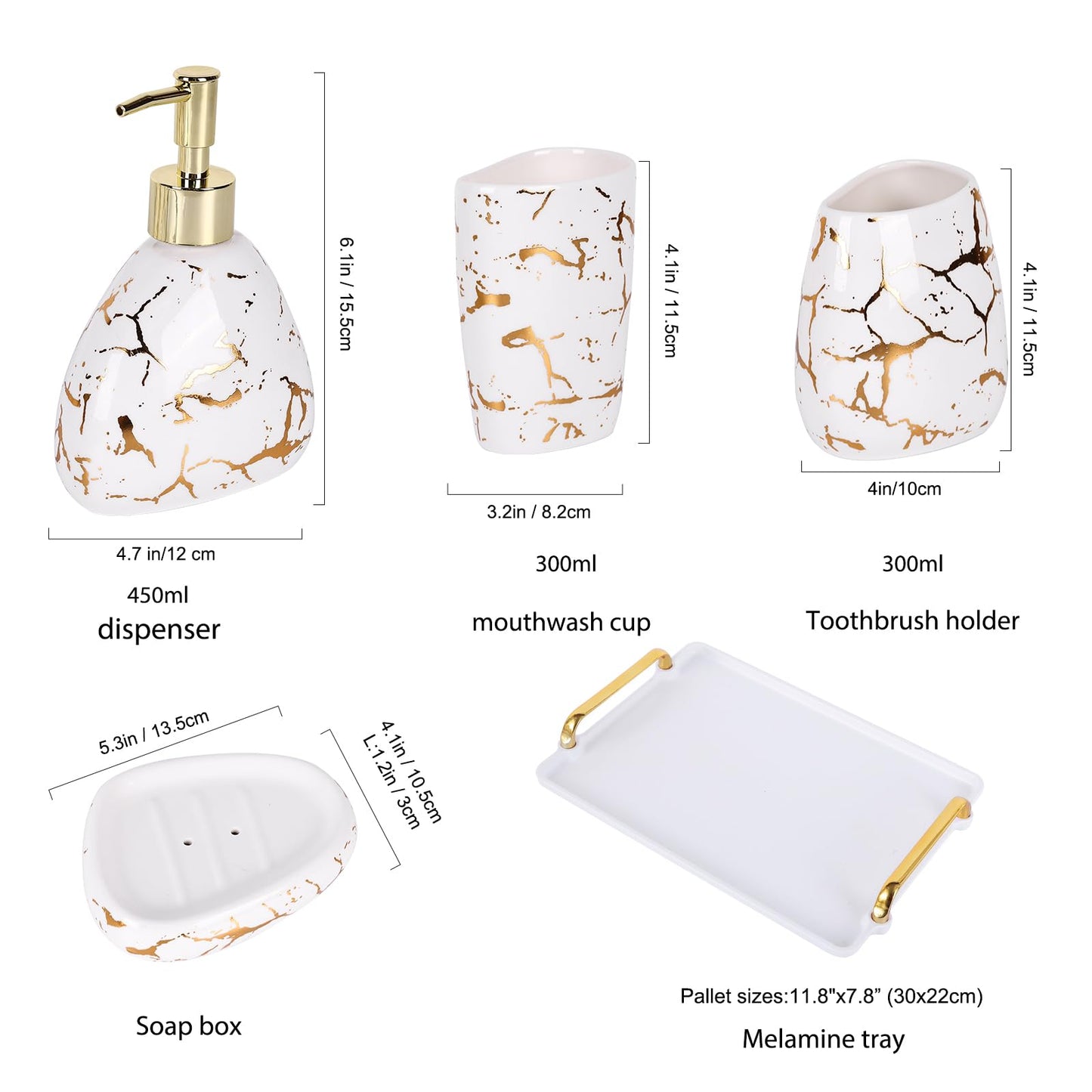 XYQXYQ Ceramics White Bathroom Accessories Set,Gold Marble Look Bathroom Decor,Modern 6 Piece Bathroom Accessory Set,Complete with Soap