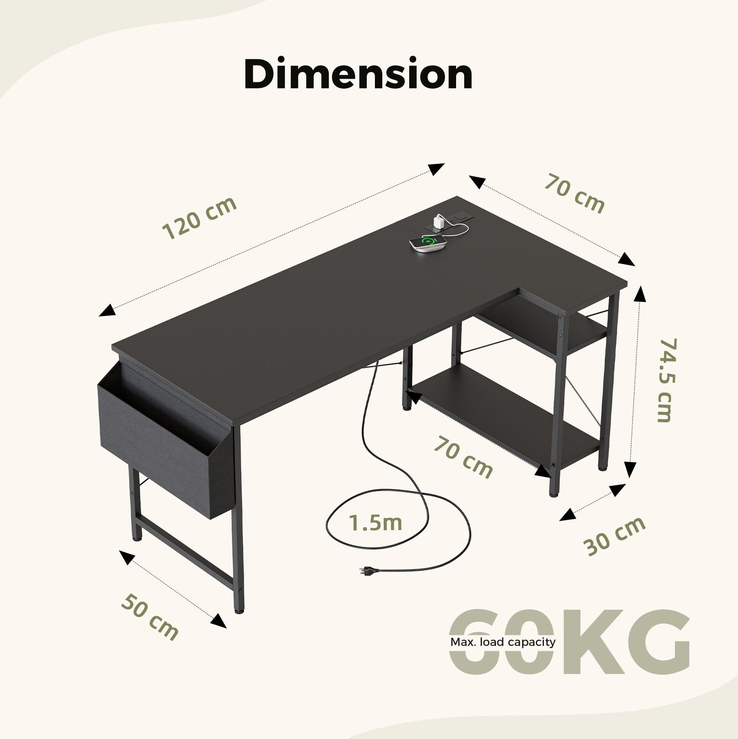 Mericonia Reversible Corner Desk, w. Power Outlets, 120x70cm, Black