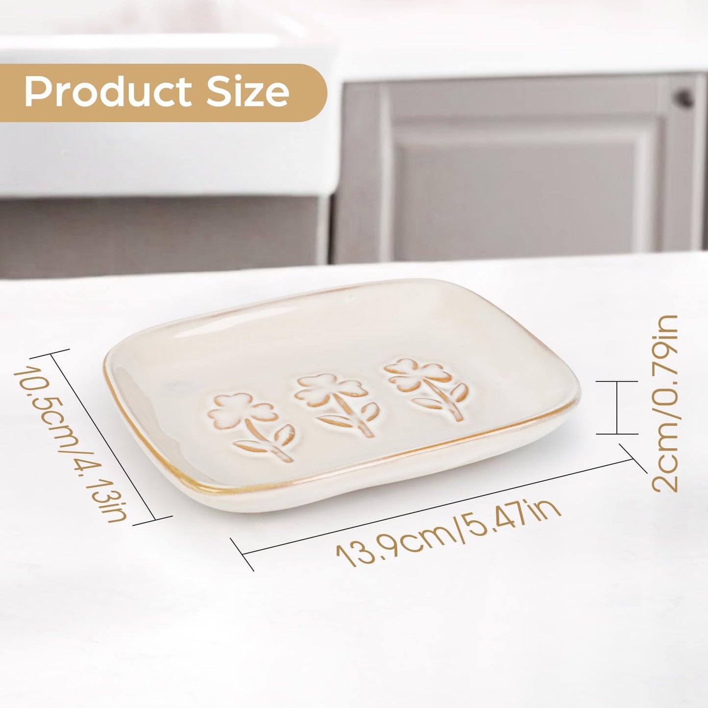 Ceramic Soap Dish, Soap Holder for Bathroom Shower & Kitchen, Anti-Slip Soap Tray with Raised Floral Pattern, Waterproof Glazed Dish Keeps Soap Dry