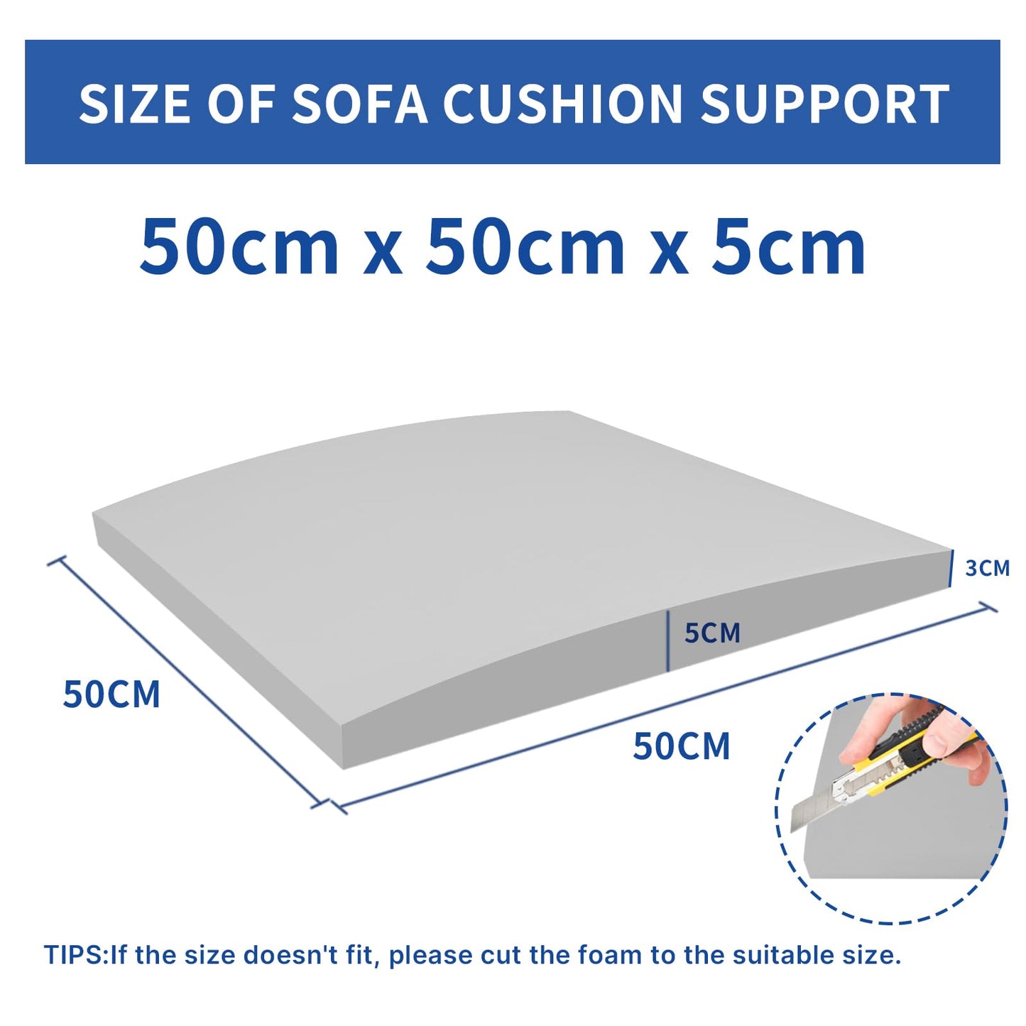 Lanswood Sofa Cushion Support for Sagging Seat 2Pack 50 x 50cm High-Density Foam Replacement Sofa Seat Cushions Curved Under Cushion Sag Repair-Grey