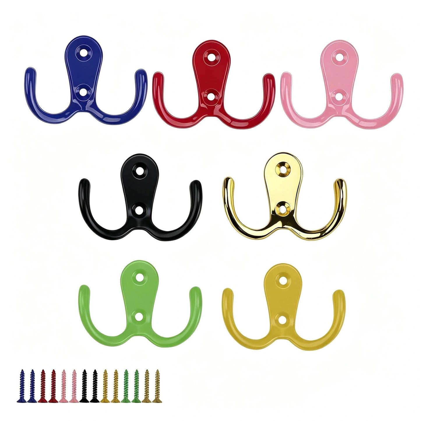 ZIJANG 7 Colorful Double Coat Hooks, Zinc Alloy Wall Hook (with Screws), Electroplated Coat Pegs, Suitable for Bedrooms, Bathrooms and Kitchens