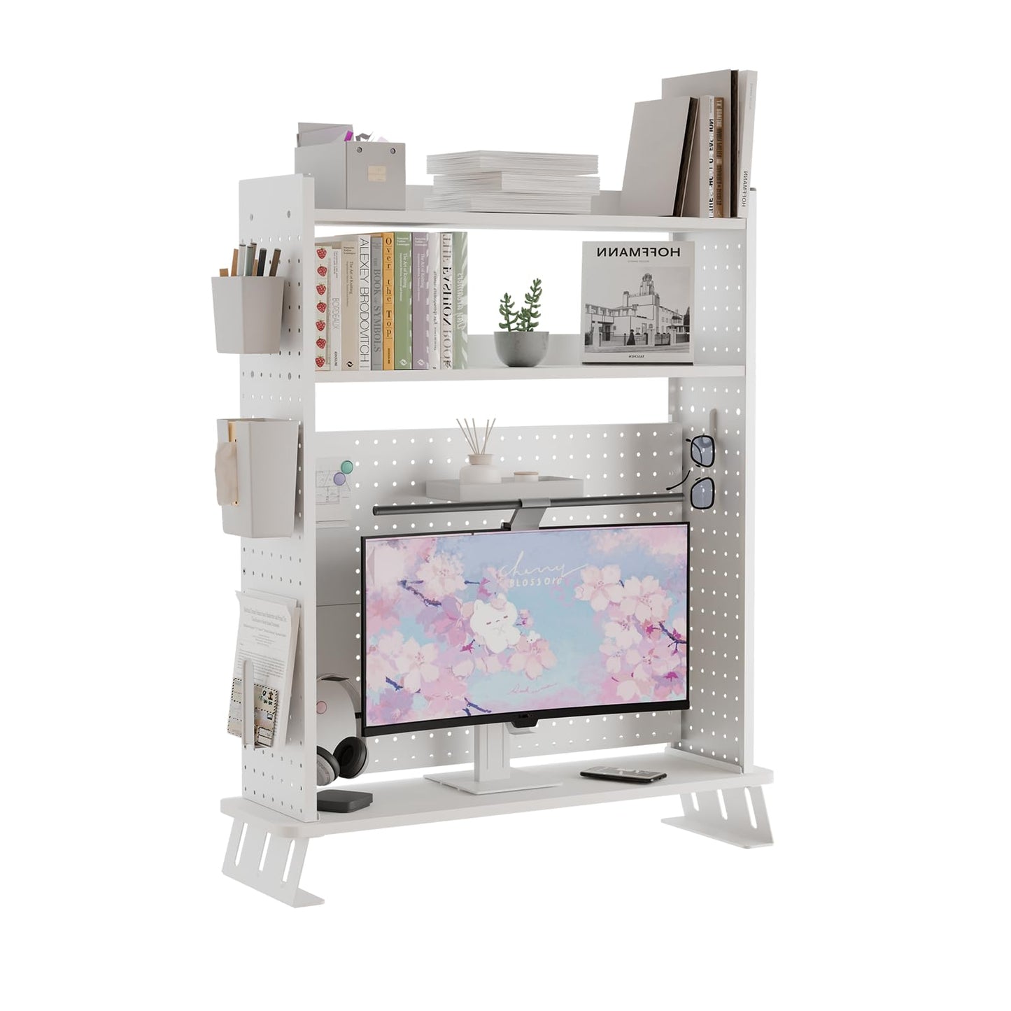 Boltmol 2-Tier Desk Shelf With Monitor Riser,White 80CM, Desktop Organizer With Pegboard, Countertop Storage Bookcase For Home, Office Or Dorm