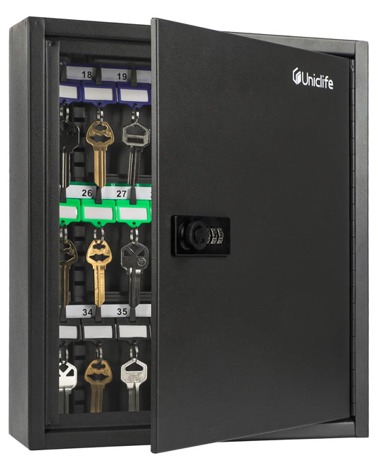 Uniclife 40 Position Key Cabinet with Combination Lock Resettable Black Security Storage Box Steel Key Organizer with Adjustable Racks Colorful Key