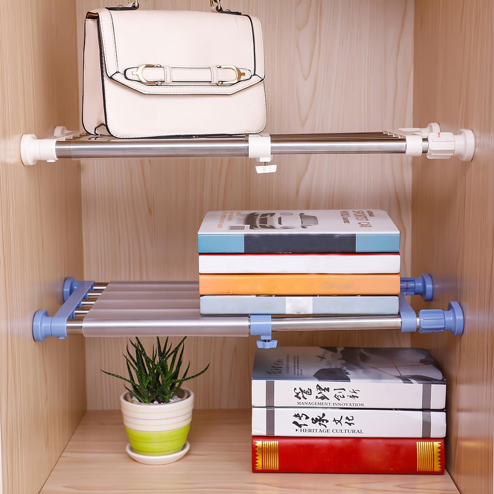 Hershii Closet Tension Shelf & Rod Expandable Metal Storage Rack Adjustable Organizer DIY Divider Separator for Cabinet Wardrobe Cupboard Kitchen
