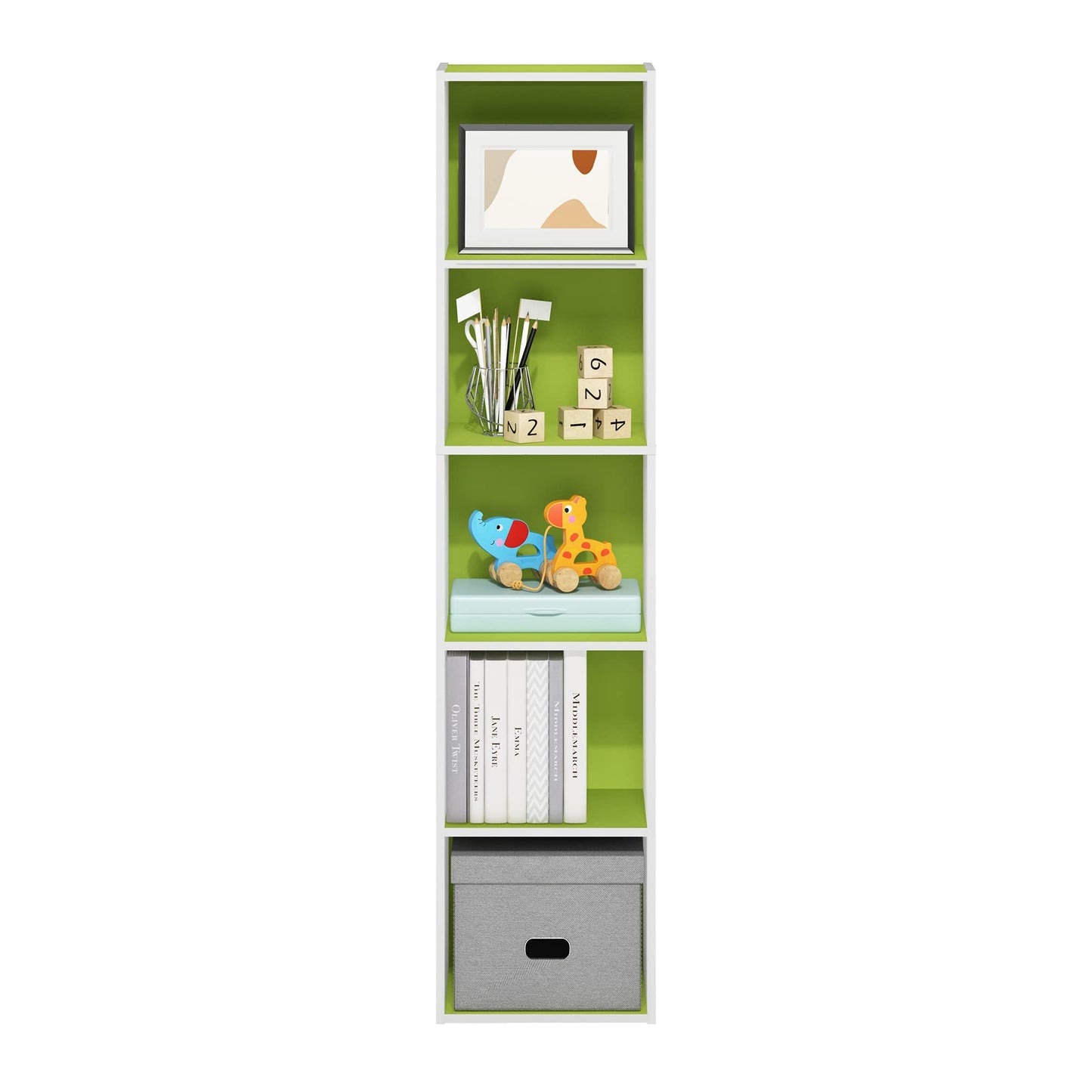 Furinno PASIR Book Shelf, 5-Tier Modern Bookshelf, Open Shelves Bookcase 9 x 12 x 52, for Living Room, Bedroom, Home Office, Green/White