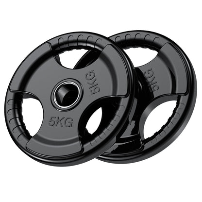 PhysKcal Olympic Weight Plates 2 x 5kg with Rubber Finish 2?? Opening and Tri-Grips, Black Barbell Plates Discs in Pair or Single for Lifting and