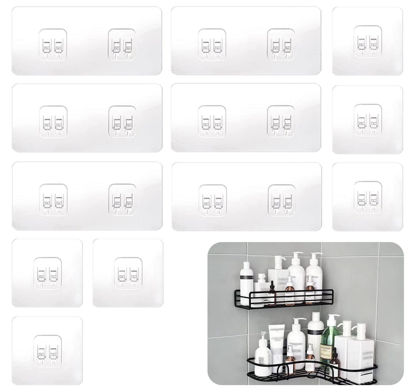 SUBTAVIK 12 Pcs Shower Caddy Adhesive Hooks Replacement, Corner Sticker Transparent Sticky for Bathroom Kitchen Shelf (Double&Single Hook), (YW0133)