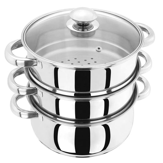 Judge Essential 3-Tier Stainless Steel Steamer - Thermic Based & Vented Glass Lid, Oven-safe Vegetable Steam Cooker with Cool Handles
