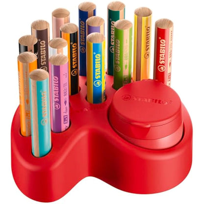 STABILO woody 3-in-1 - Multi-Talented Pencil - Deskset of 15 - with 10 Assorted Colours and Replaceable Container Sharpener