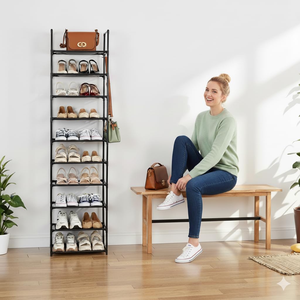 Shoe Rack, 10-Tier Tall Shoe Storage Organiser with Hooks, Holds 20 Pairs