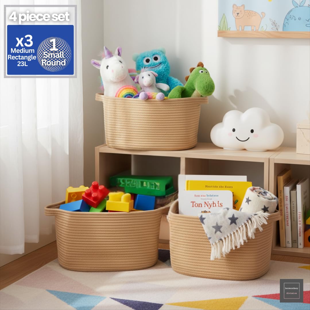 4pcs Cotton Rope Storage Basket Set (3 Medium + 1 Small) Woven Baskets with Handles for Living Room, Bedroom, Bathroom & Nursery – Honey