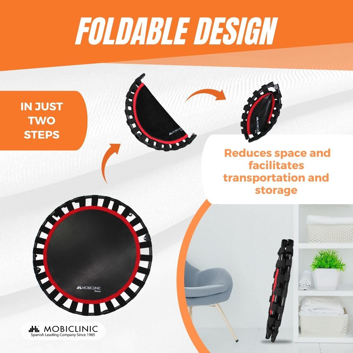 Mobiclinic?, Foldable Fitness Trampoline, 3,3 FT / 40 Inch, Indoor and Outdoor, Rebounder, Easy Assembly, 2 Resistance Bands, Mini Trampoline,