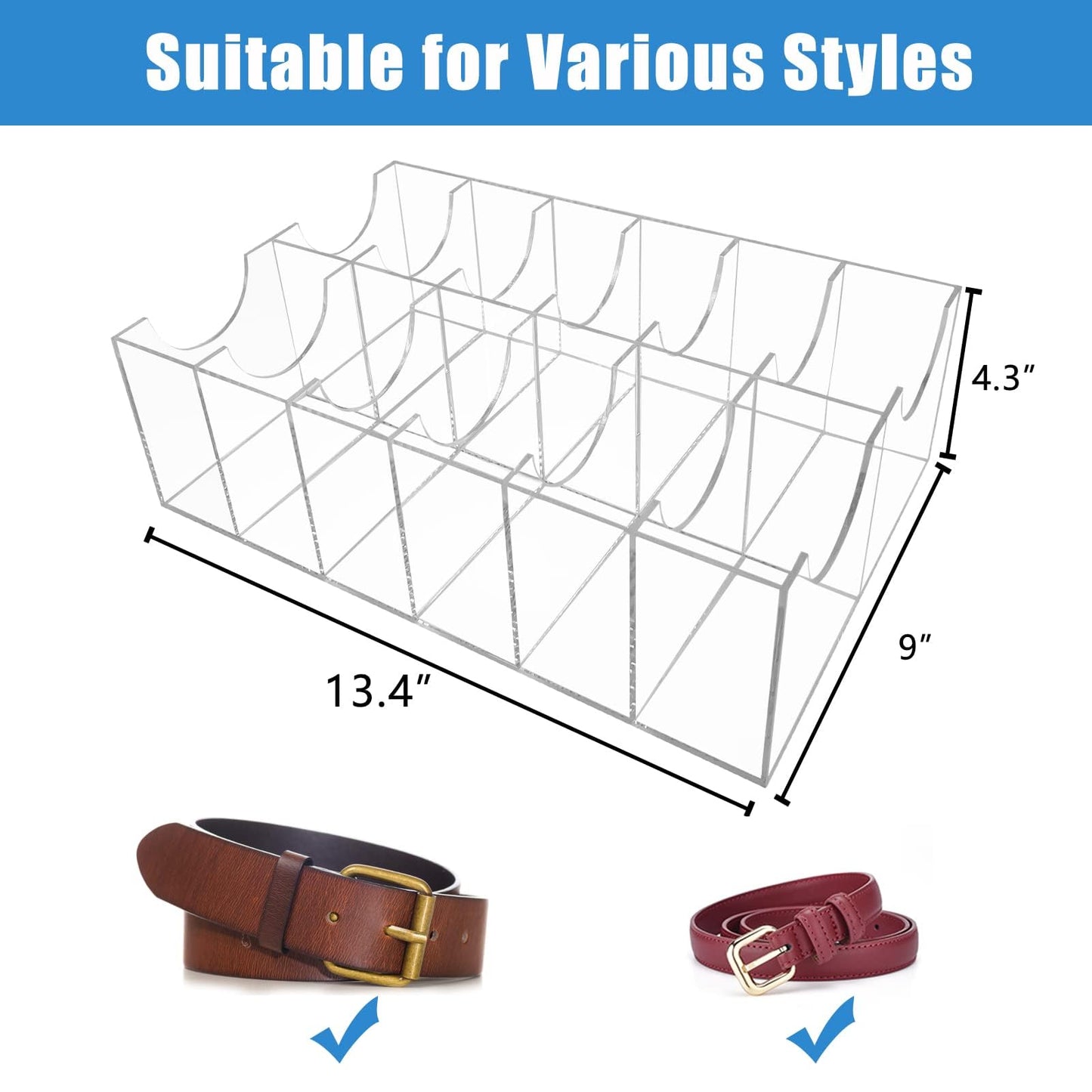 YEXEXINM Acrylic Belt Organizer, 12 Compartments Belt Storage Holder, Clear Belt Display Storage Box
