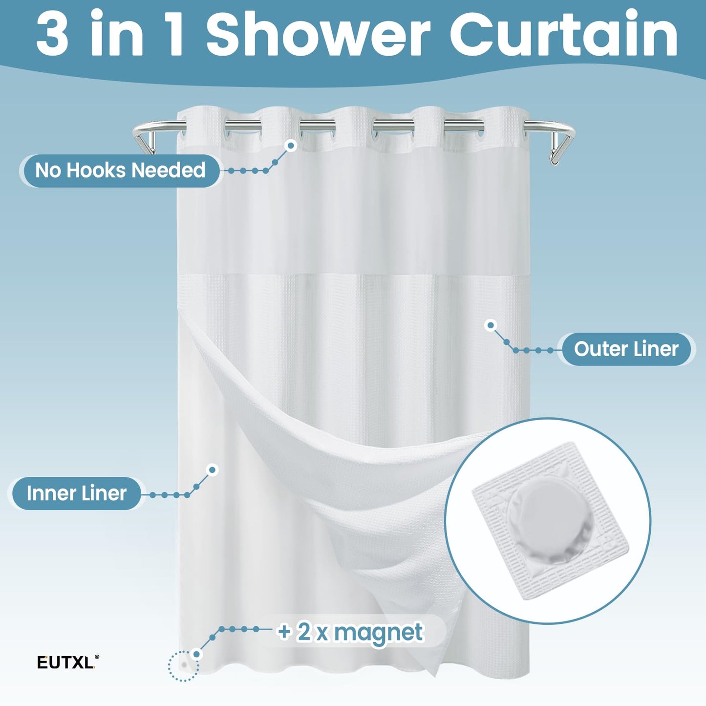 EUTXL White No Hook Shower Curtain with Snap in Liner,230GSM Waffle Weave Shower Curtains for Bathroom,71W x 74H