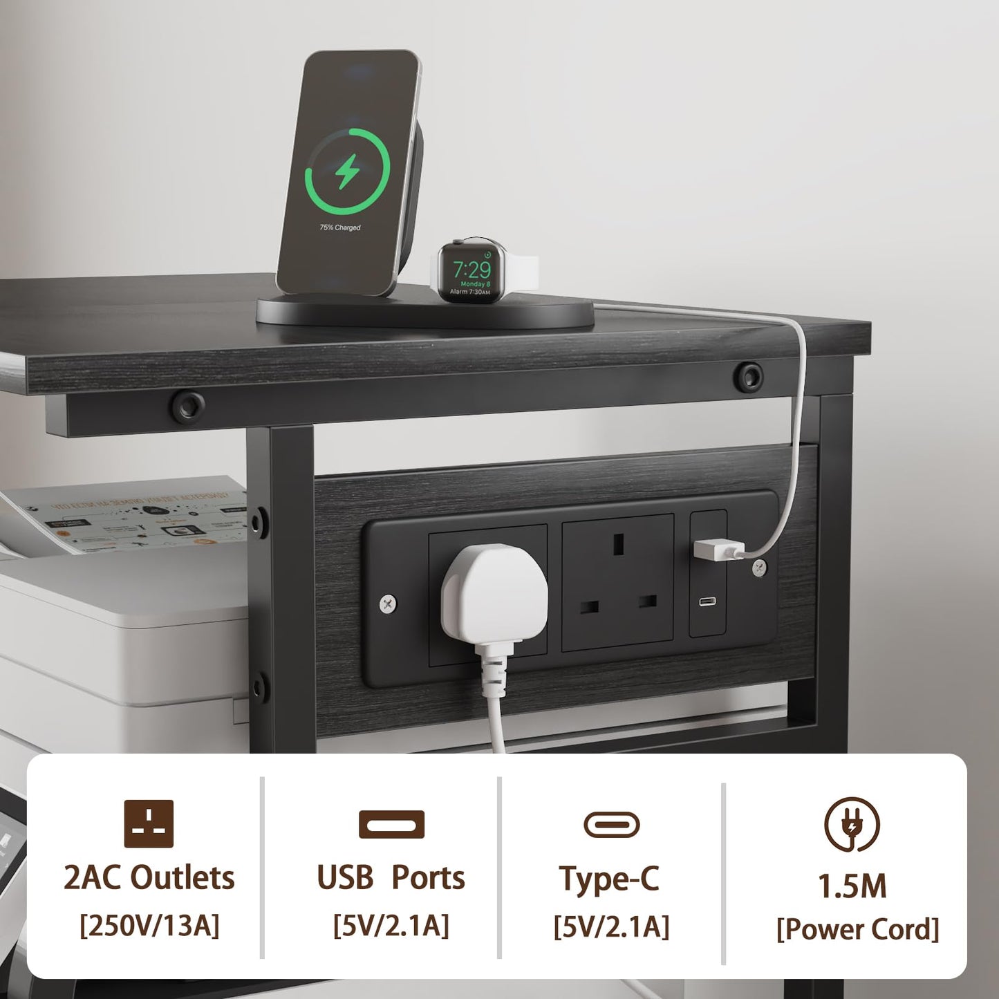OYRREU 3-Tier Rolling Printer Stand with Outlets for Home, Office, Black