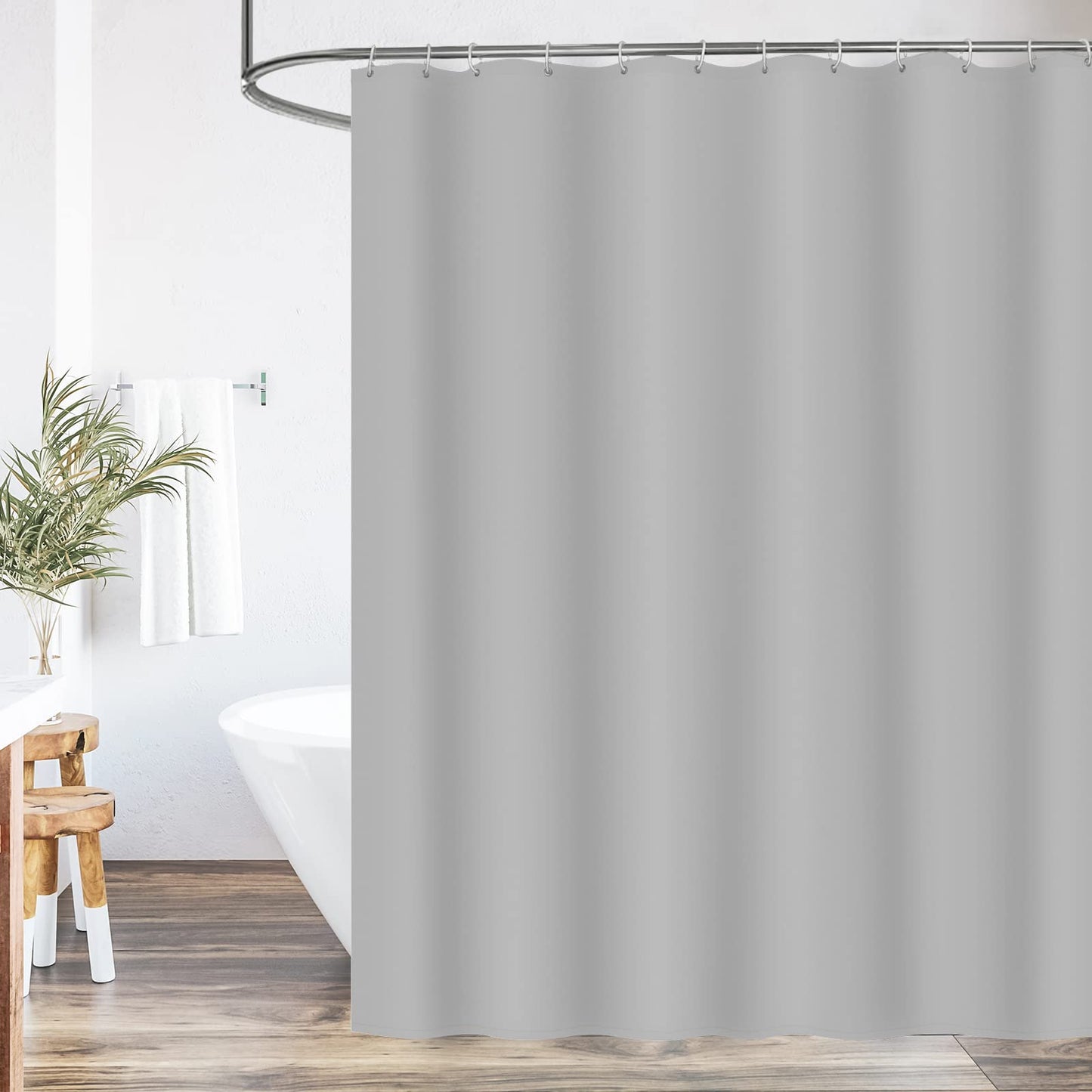 WELTRXE Shower Curtain Mould Proof Mildew Resistant, 180x180cm Light Grey Bathroom Curtain Set With Hooks, Weighted Hem