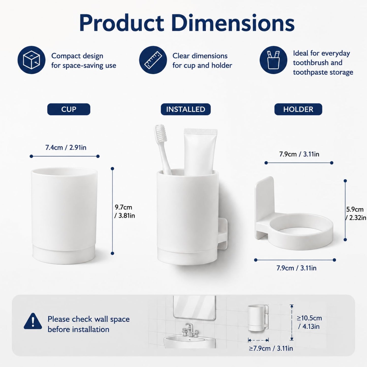 Wall Mounted Toothbrush Holder with Removable Cup, Self Adhesive Bathroom Toothbrush Cup Holder, No Drill Tooth Brushing Cup