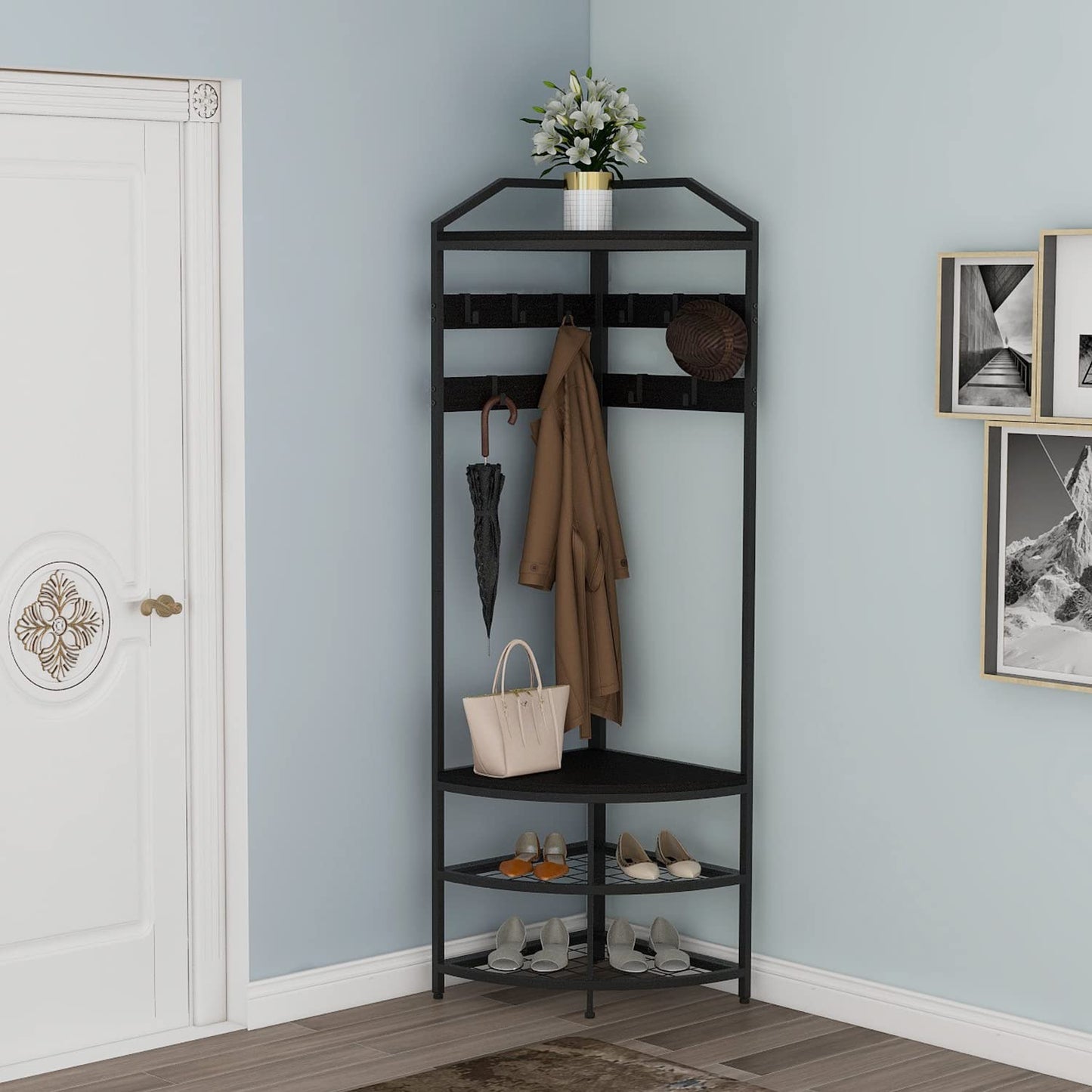 VEDECASA Coat Rack Stand with Shoe Storage Bench Free Standing Corner Hall Tree 4-Tier Corner Clothes Rack with 10 Metal Movable Hooks and Wooden