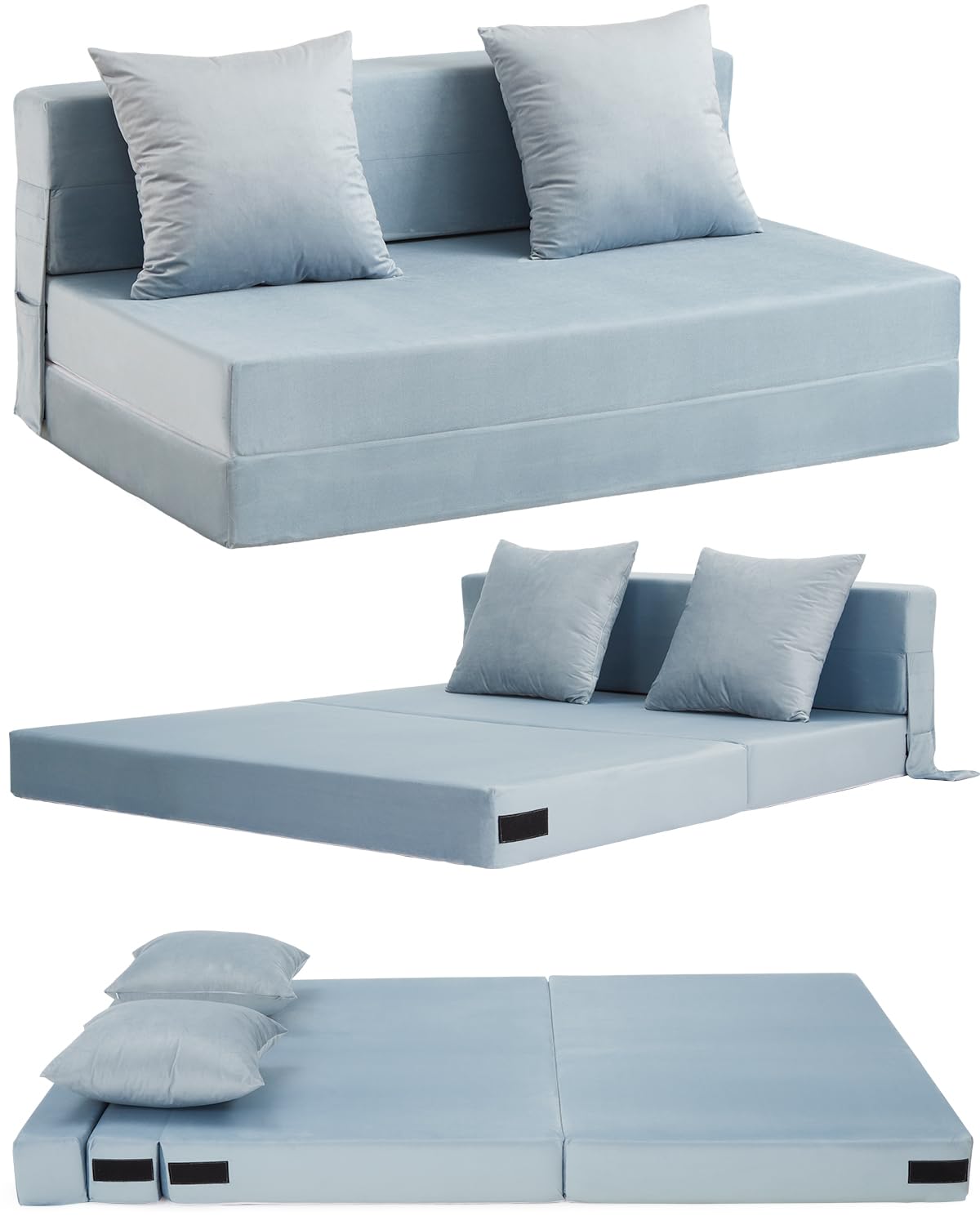 Aptliton 4-in-1 Folding Sofa Bed Double, Fold Out Sofa Couch with Velvet Cover & 2 Cushions, Floor Mattress Lounger for Living Room