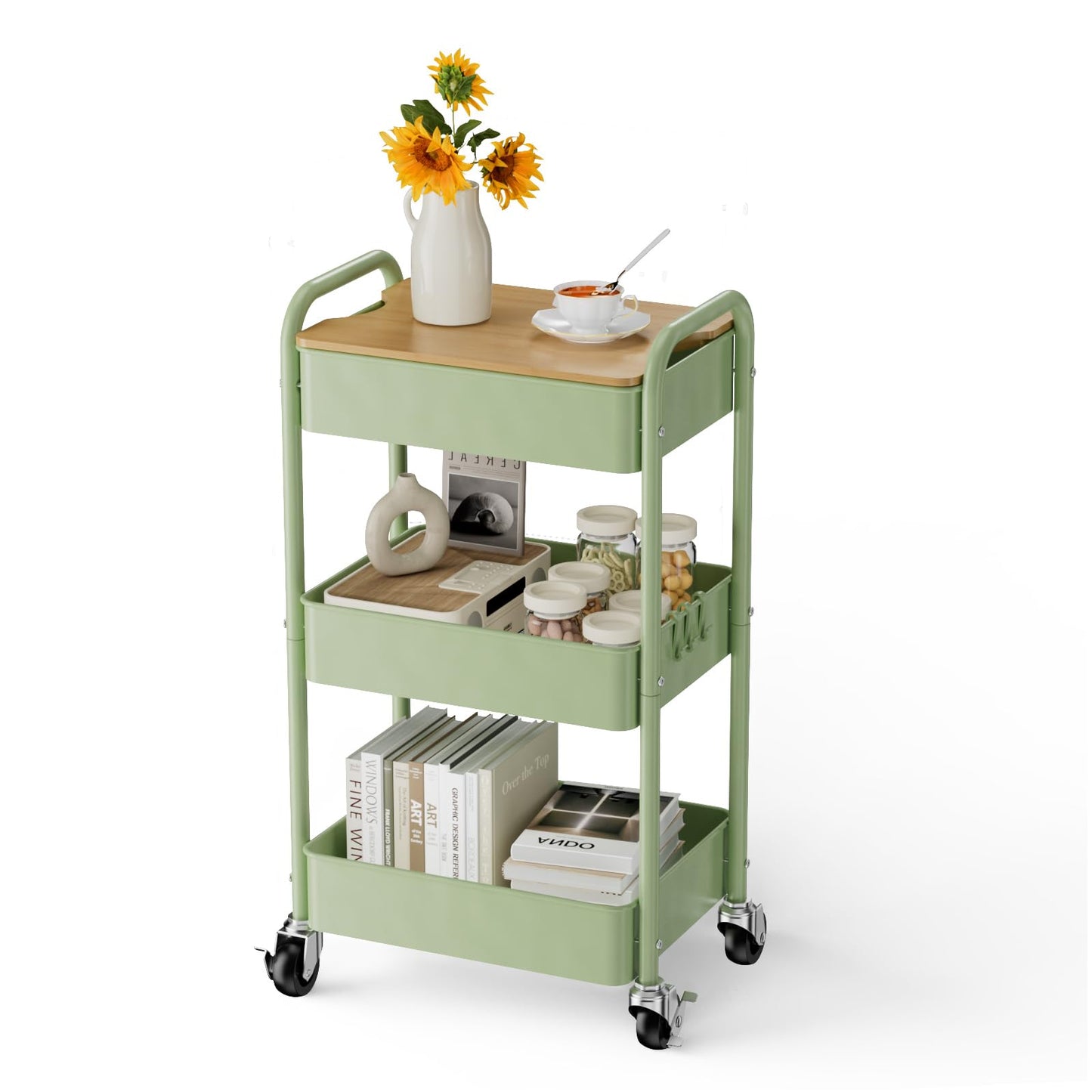 Shrivee 3 Tier Rolling Cart with Table top, Metal Rolling Utility Cart on Wheels, Sturdy Storage Organizer Cart with Hooks for Office, Classroom
