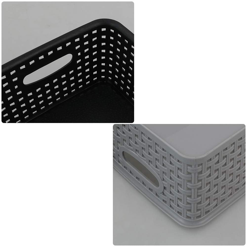 Mayish Plastic Weave Basket with Handle, Black and Grey, 6 Packs