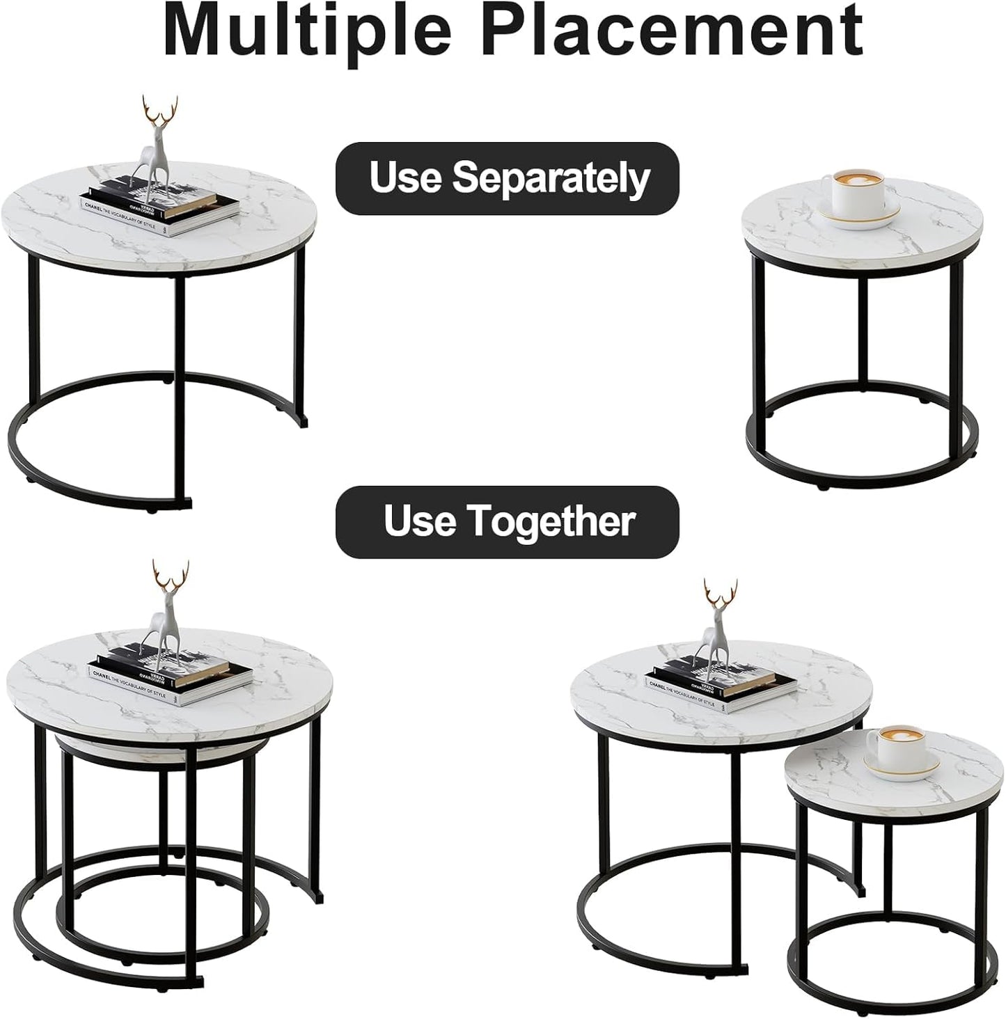 Garden 4 you Coffee Table,Round Nest of Tables Set of 2 for Living Room,Marble Center Tea Table with Metal Frame,End Side table for Small