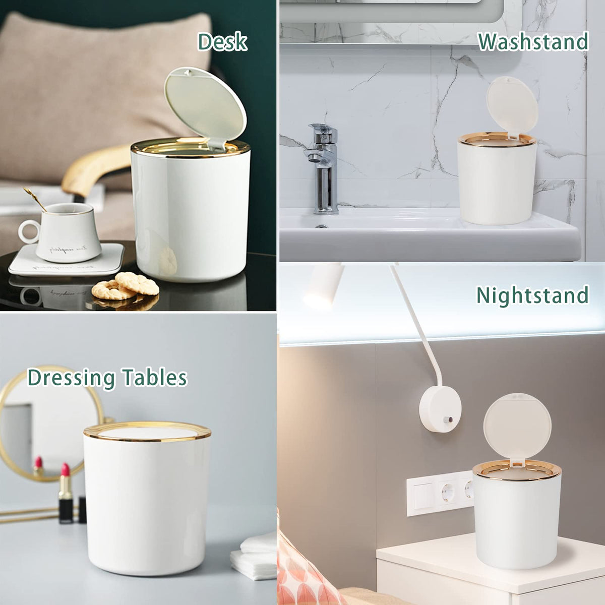 Desk Bin with Lid, Mini Table Trash Can,15 * 14.5cm Portable Small Dustbin for Bathroom Living Room Kitchen Car Dressing Table White