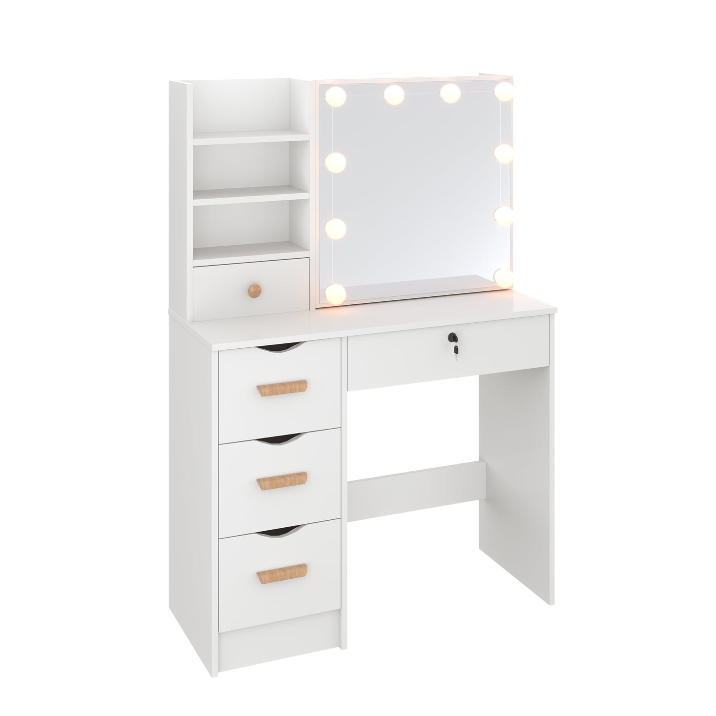 ZANOFIRA Dressing Table with Sliding Mirror, LED Lights with Adjustable Brightness, Makeup Desk with 3 Drawers & 4 Shelves