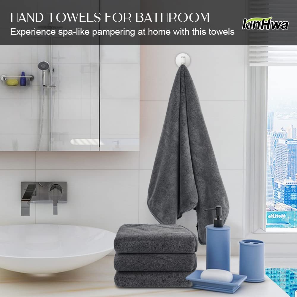 KinHwa Microfibre Hand Towels for Bathroom Super Soft Absorbent Bathroom Towels 40x76 Cm Luxury Thick Quick Dry Bath Towel 2 Pack Dark-Grey