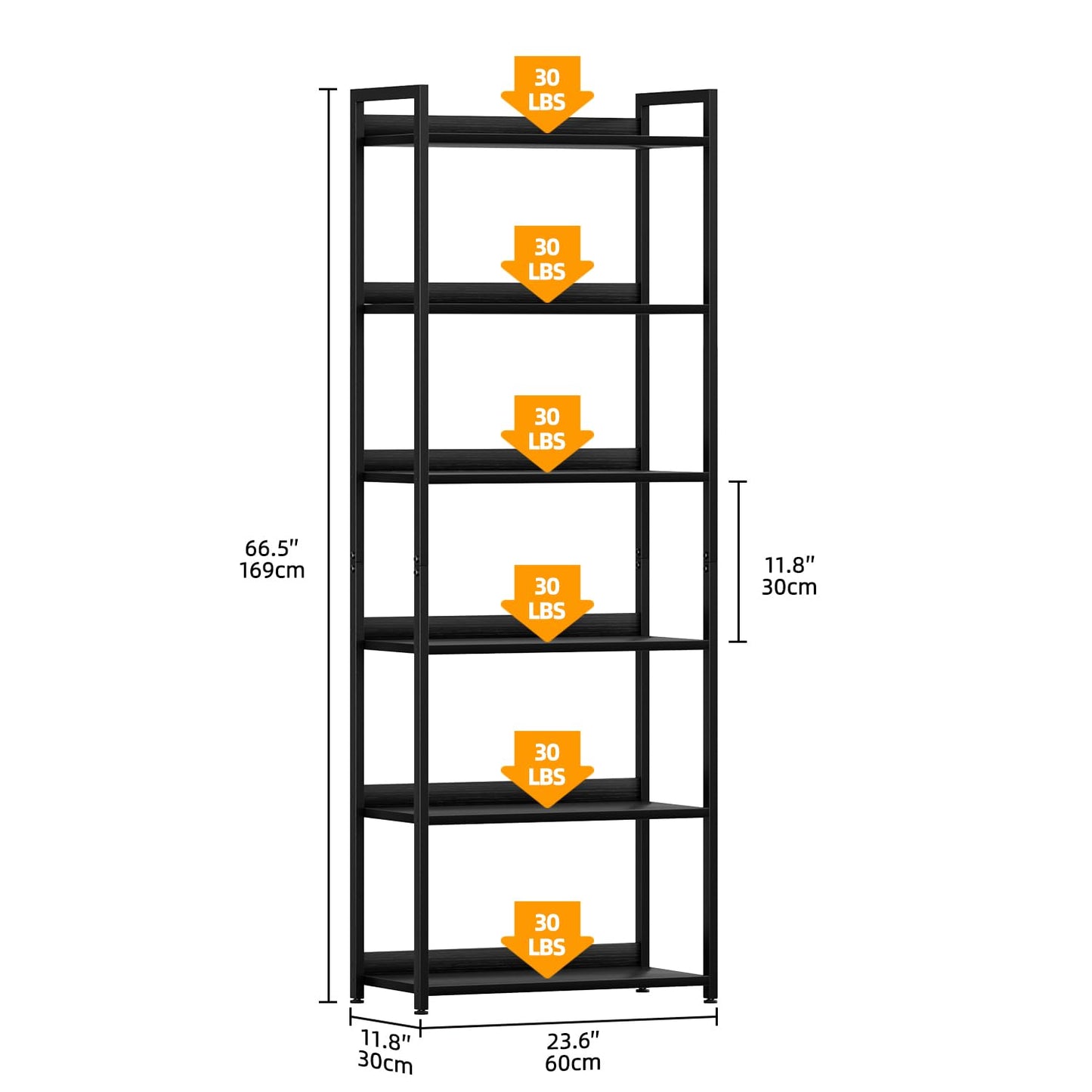 APPOLYN 6 Tier Bookshelf, Open-shelf Bookcase with Backboard, Black