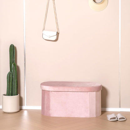 Bonlife Pink Velvet Ottoman Storage Bench with Seat,Foldable Stool Living Room Furniture,Oval Large Toy Box Storage Chest with Lid,76x38x38cm