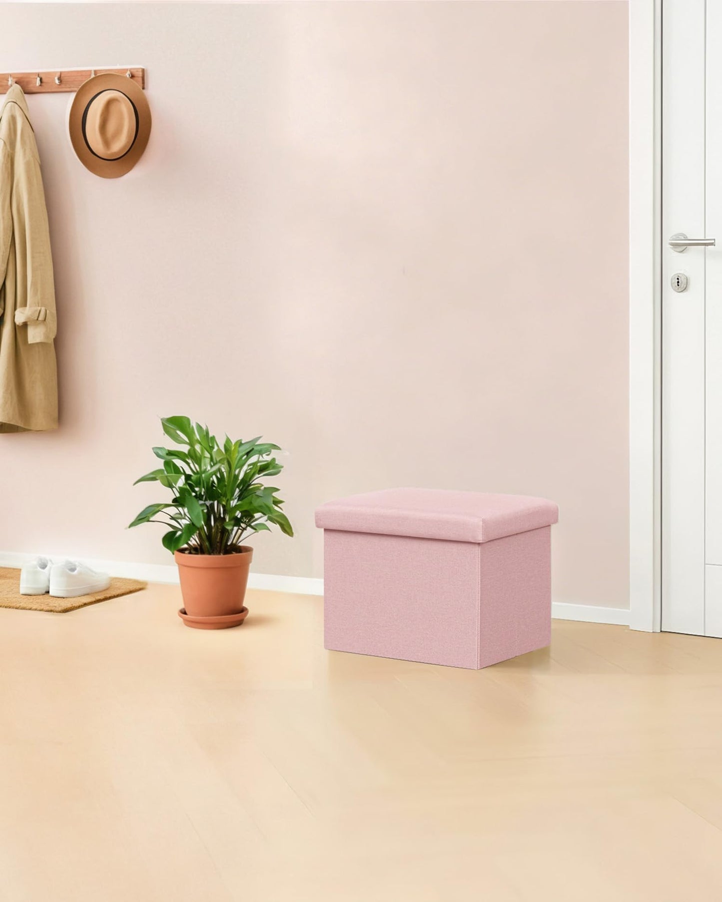 Bonlife Ottoman Storage Box - Foldable Rectangular Footstool for Living Room, Kids Toy Chest with Lid, Multi-Use Seat & Storage, Pink, 42x32x32 cm
